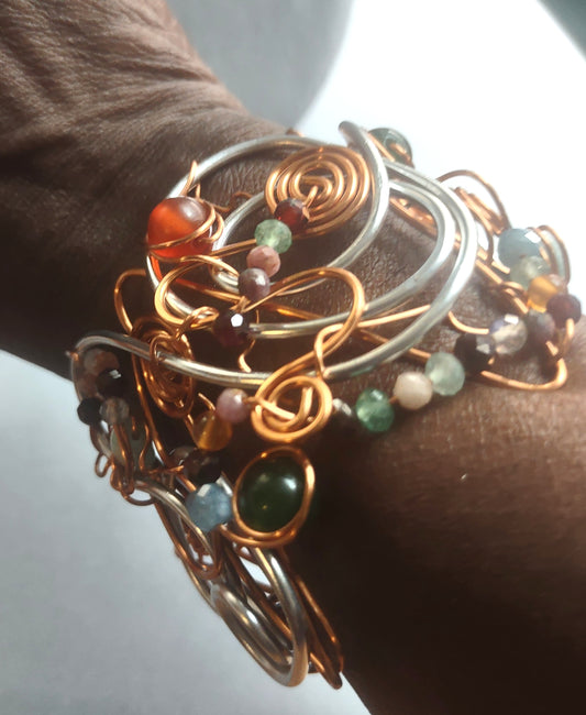 Mixed Metal Wire Wrapped Cuff Bracelet with Semi-Precious Stones