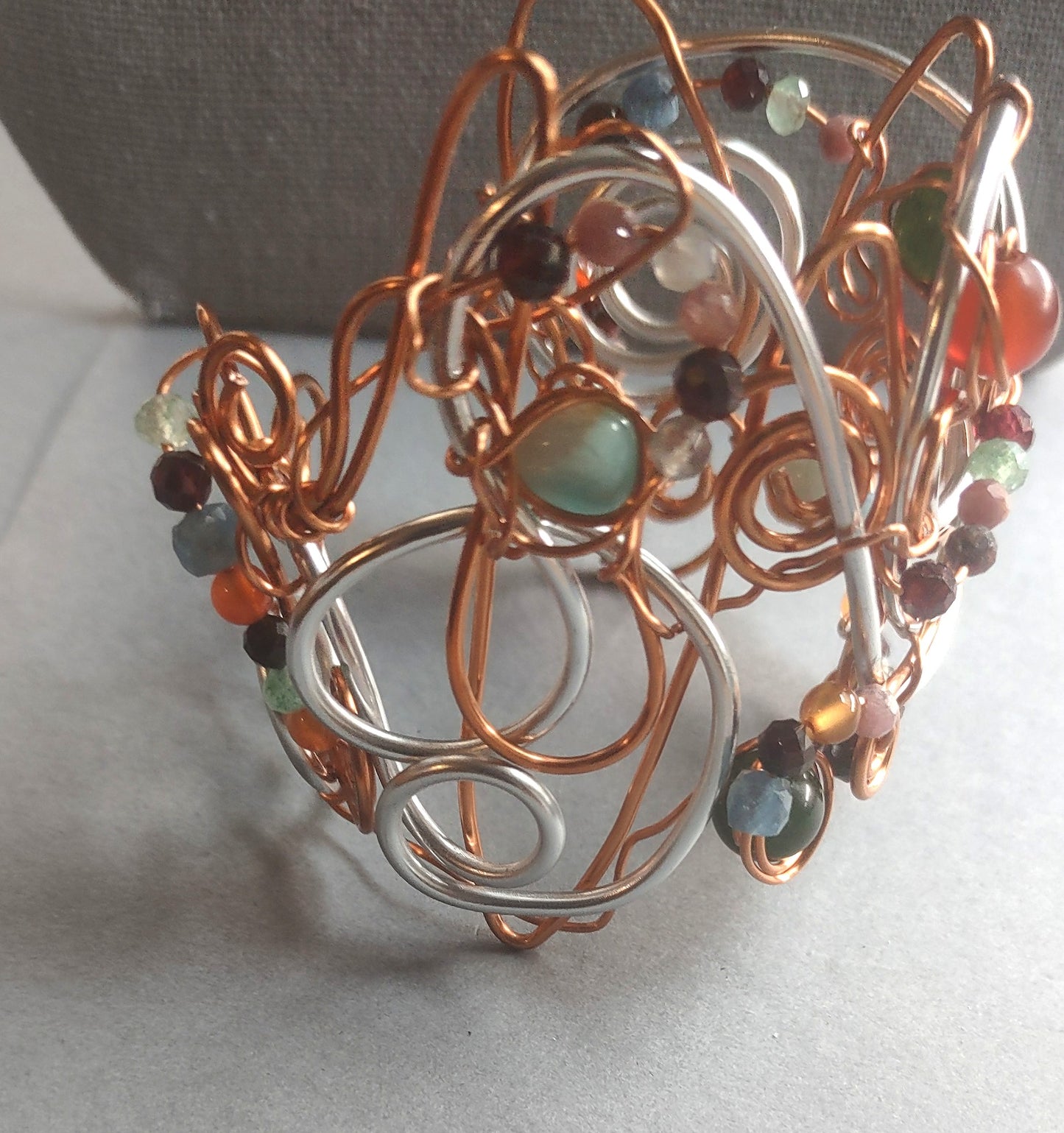 Mixed Metal Wire Wrapped Cuff Bracelet with Semi-Precious Stones