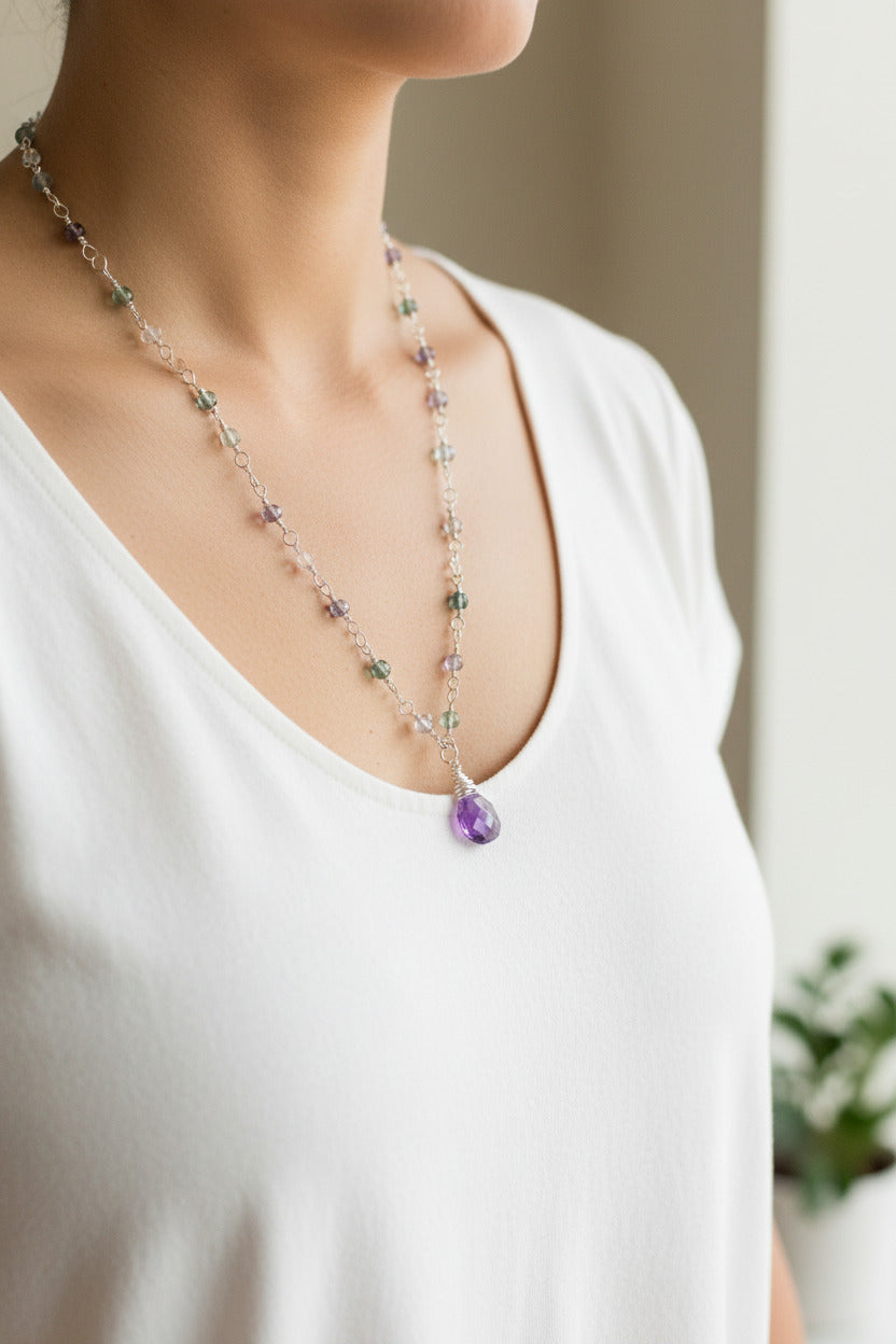 Sterling silver chain link necklace with rainbow fluorite beads and amethysts briolette