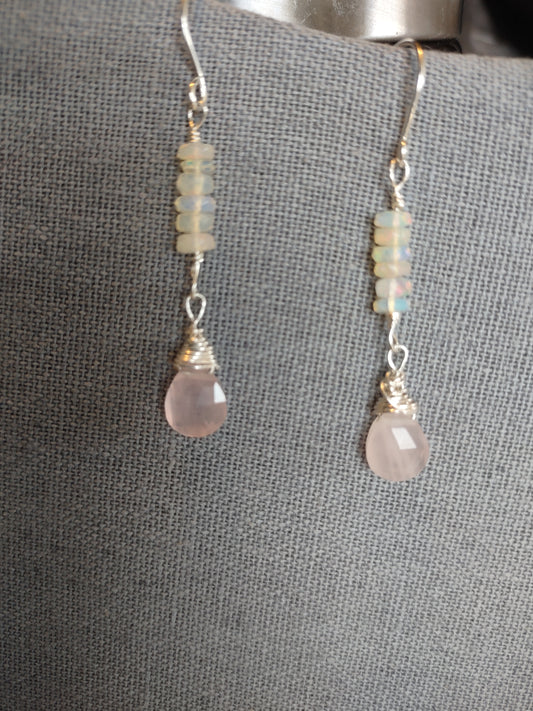 Sterling Silver Wire Wrapped Briolette Earrings - Opal & Rose Quartz