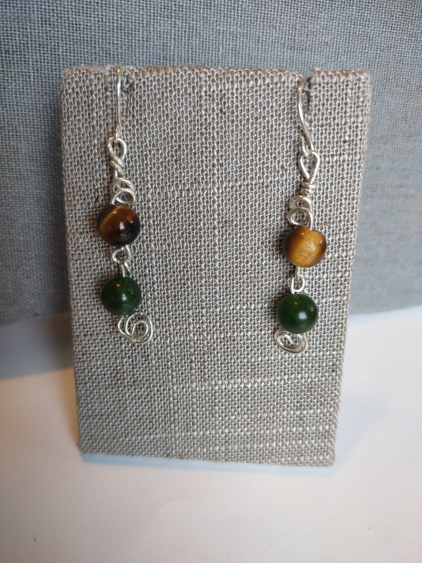 Tiger Eye & Jade Bead- Sterling Silver Beaded Dangle Earrings