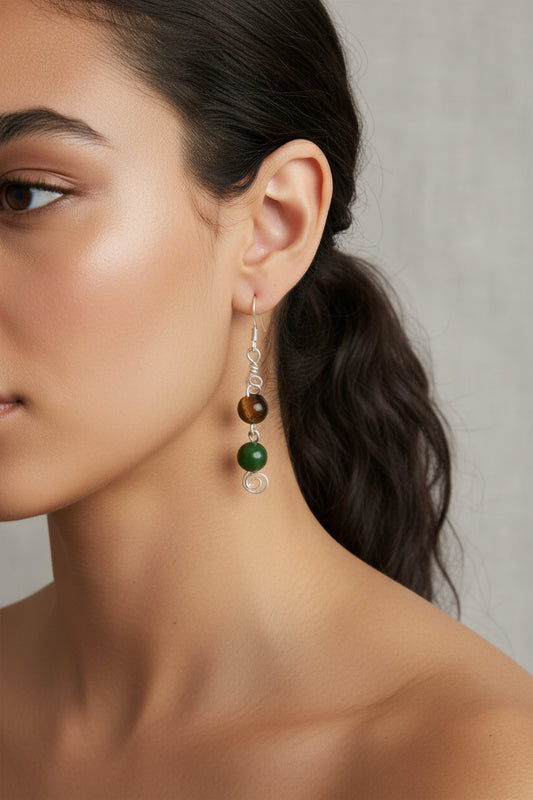 A pair of silver earrings with Tiger eye and Jade beads