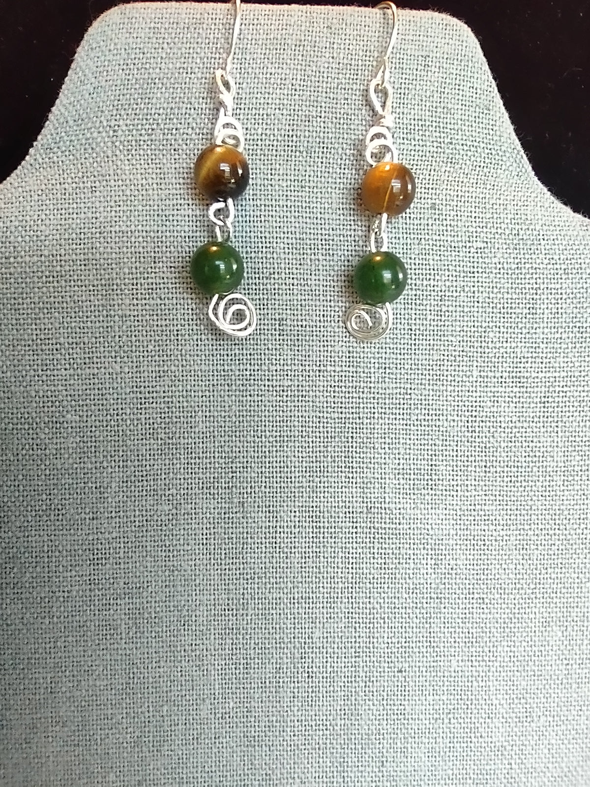 Tiger Eye & Jade Bead- Sterling Silver Beaded Dangle Earrings