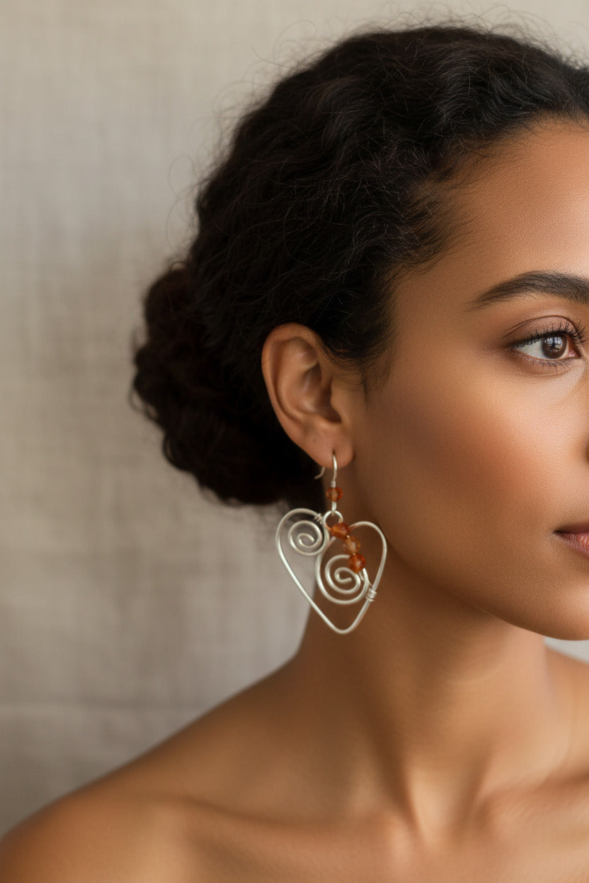 Sterling Silver Wire Heart Earrings with carnelian beads
