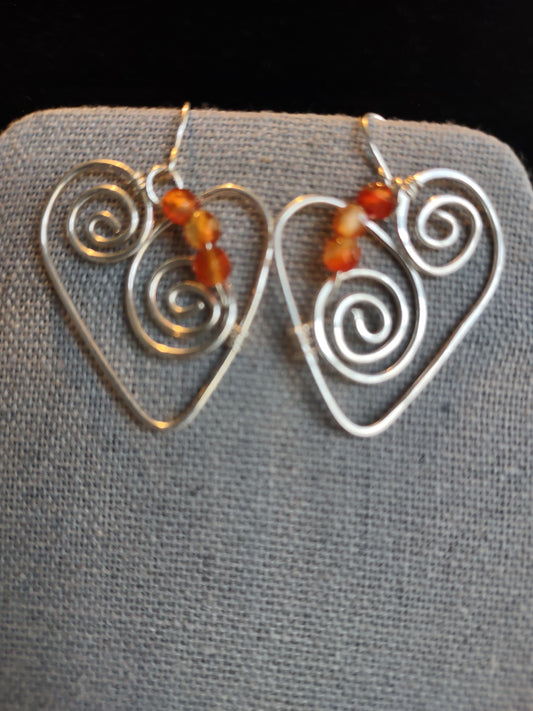 Sterling Silver Heart Earrings - Carnelian Beads