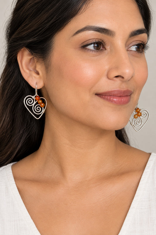 Sterling Silver Heart Earrings - Carnelian Beads