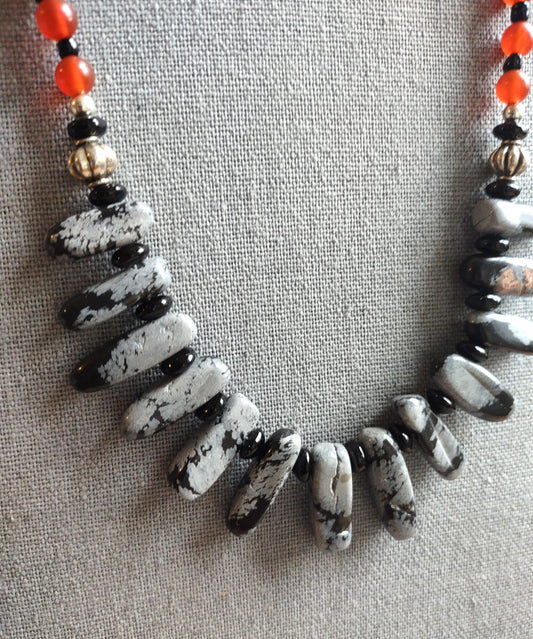 Dagger Jasper, Carnelian & Black Glass Bead Sterling Silver Dangle Earrings