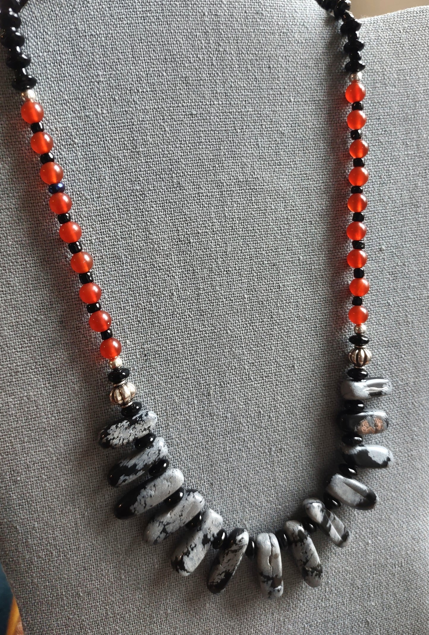Dagger Jasper, Carnelian & Black Glass Bead Sterling Silver Dangle Earrings