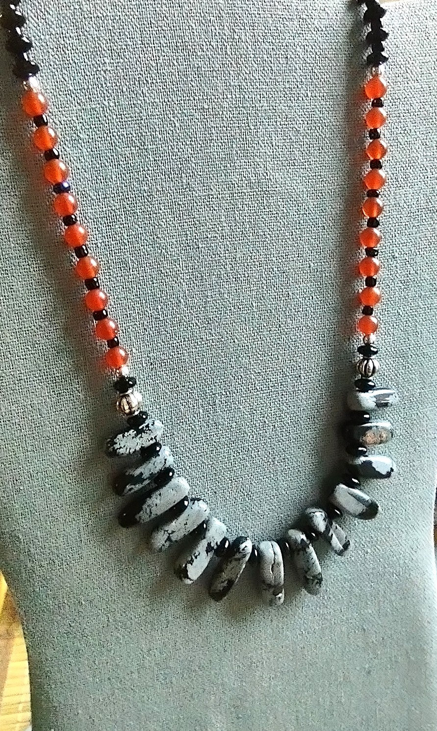 Dagger Jasper, Carnelian & Black Glass Bead Sterling Silver Dangle Earrings