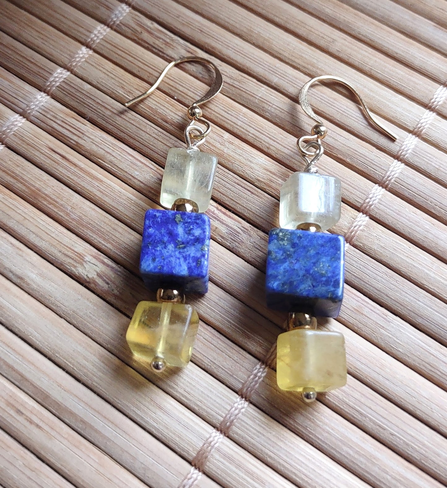 Lapis Lazuli & Yellow Fluorite Cube Dangle Earrings with Gold Ear Wire