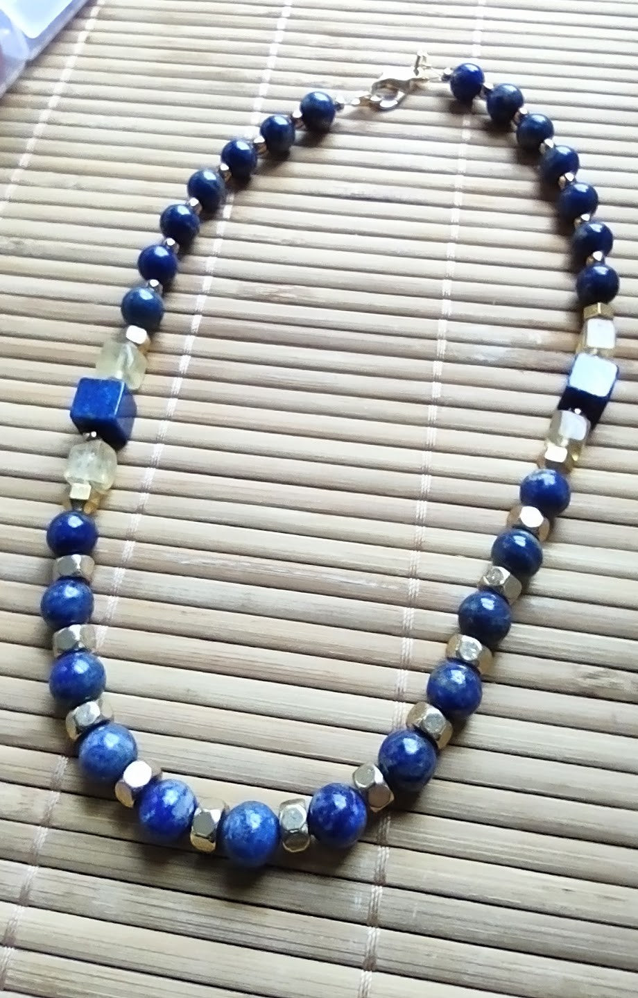 Lapis Lazuli Statement Necklace with Yellow Fluorite & Gold Octagon Beads | 16"