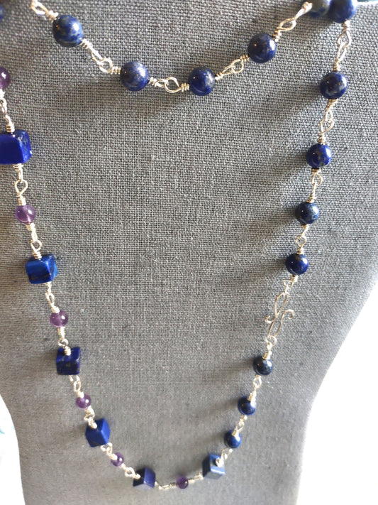 Lapis Lazuli & Amethyst  Sterling Silver Chain Link Necklace