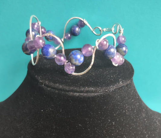 Silver Wire Wrapped Gemstone Bracelet -  Lapis Lazuli and Amethys Gemstone Bracelet