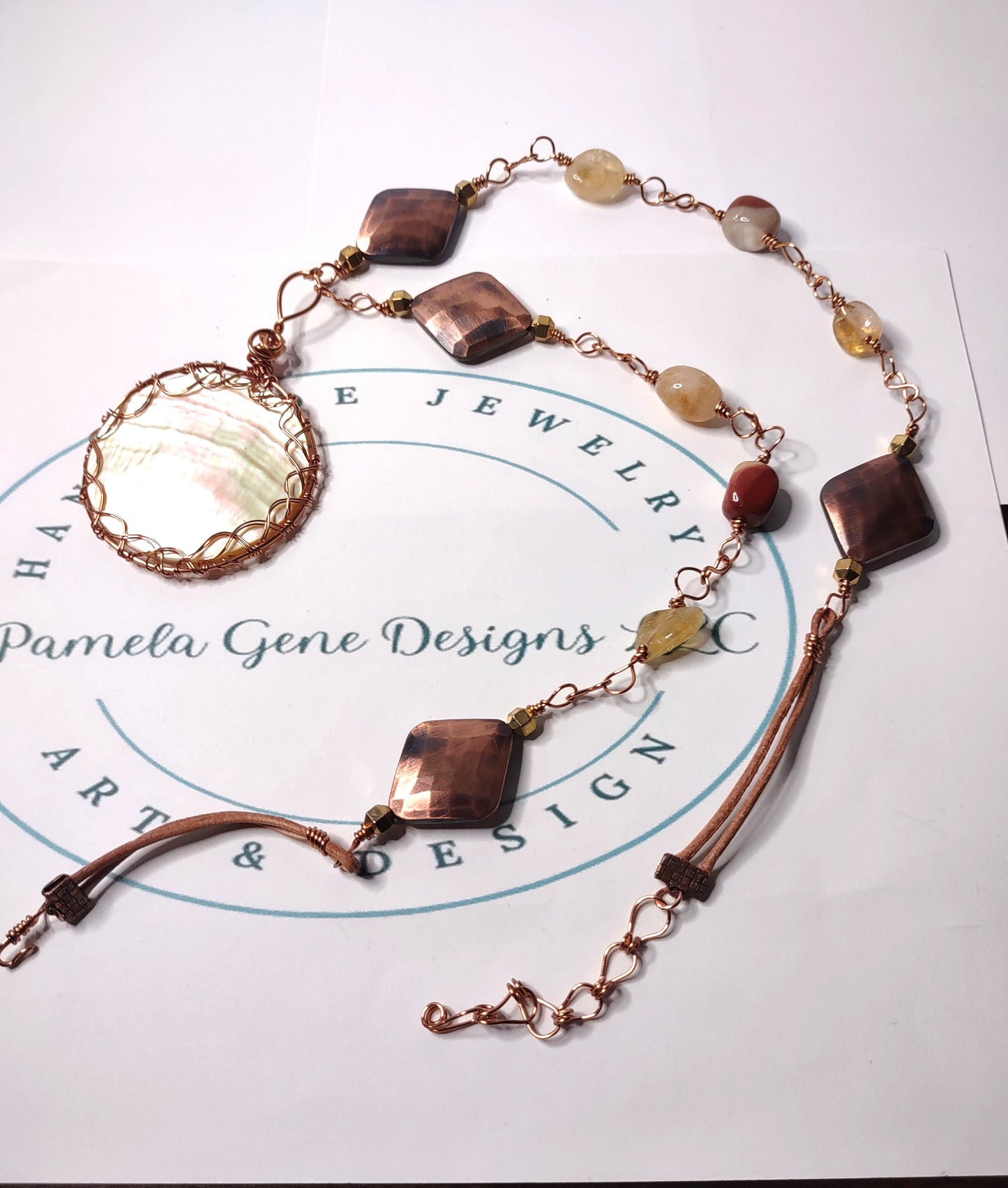 Handmade Chain - Link Pendant - Semi Precious Stone Pendant - Pale Yellow Disk Pendant