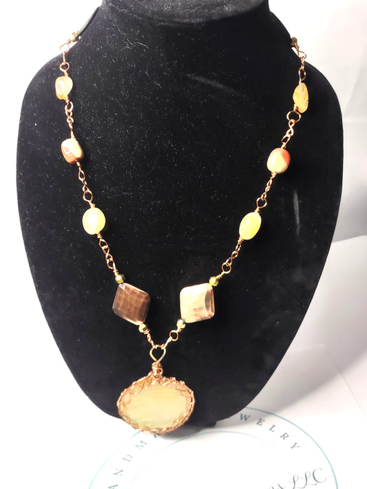 Handmade Chain - Link Pendant - Semi Precious Stone Pendant - Pale Yellow Disk Pendant