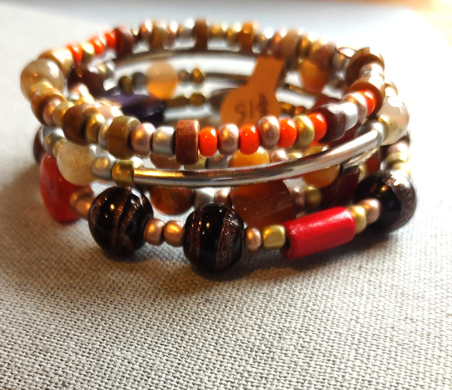 Memory Wire 4 Strand Boho Beaded Cuff Bracelet