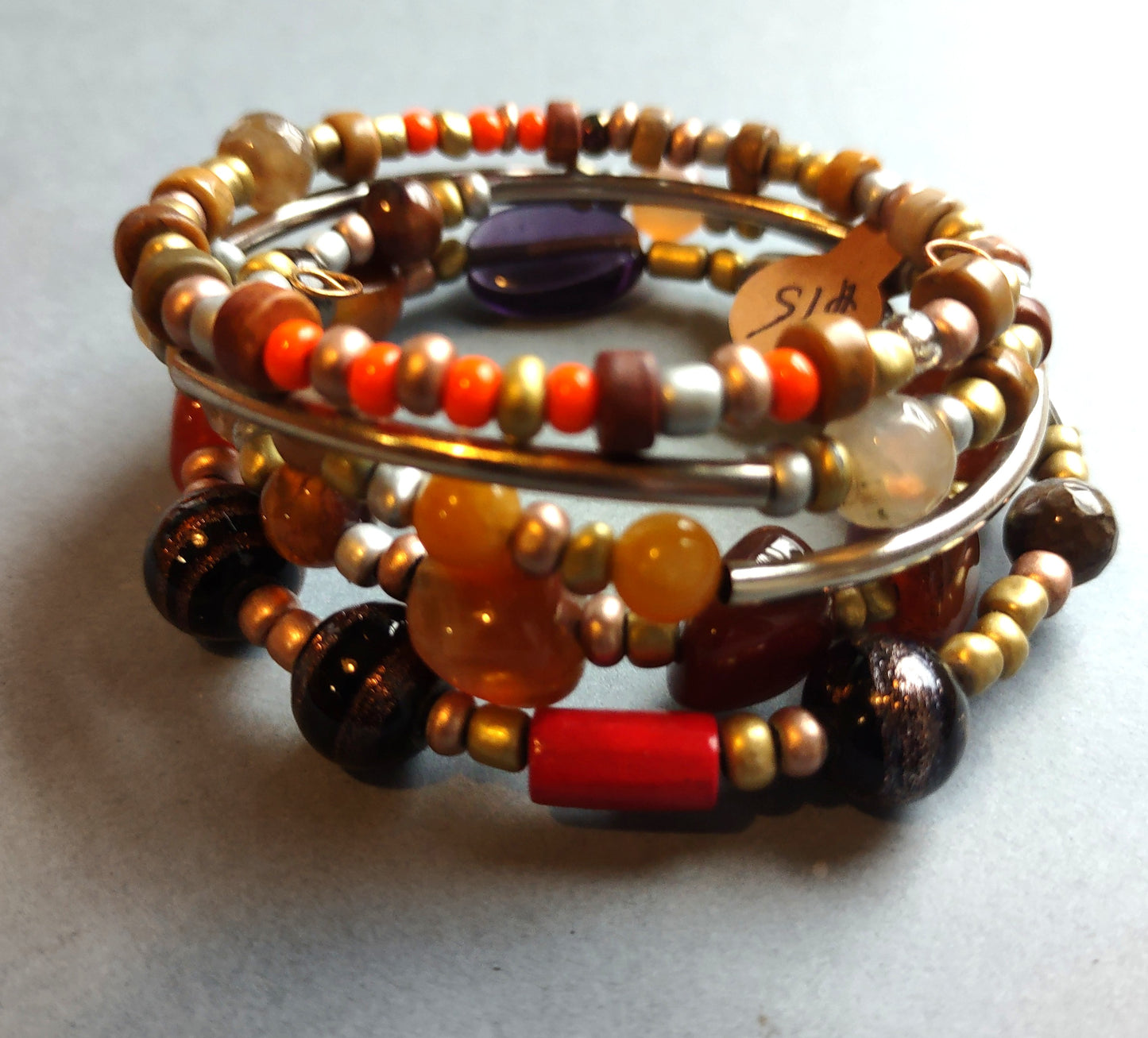 Memory Wire 4 Strand Boho Beaded Cuff Bracelet