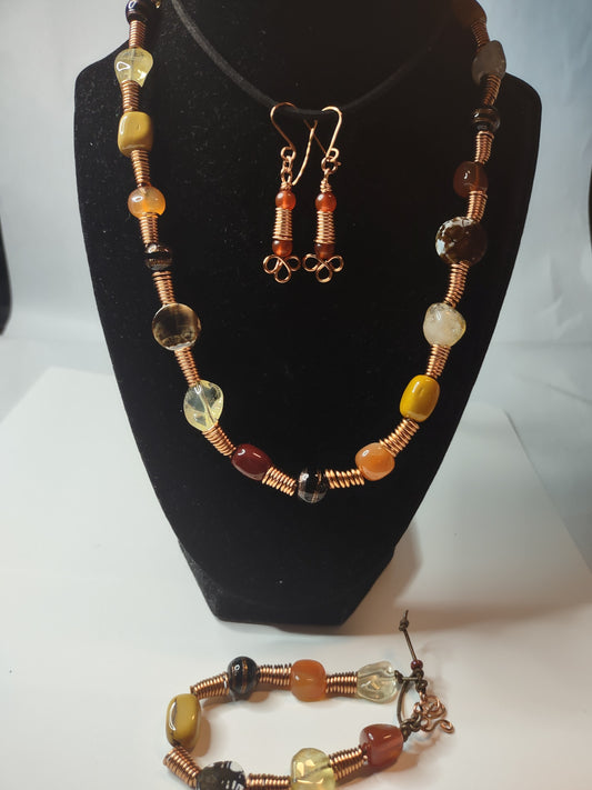 Necklace, Bracelet and Earring Set - Multi Semi-Precious  Stone and Copper Coil Set