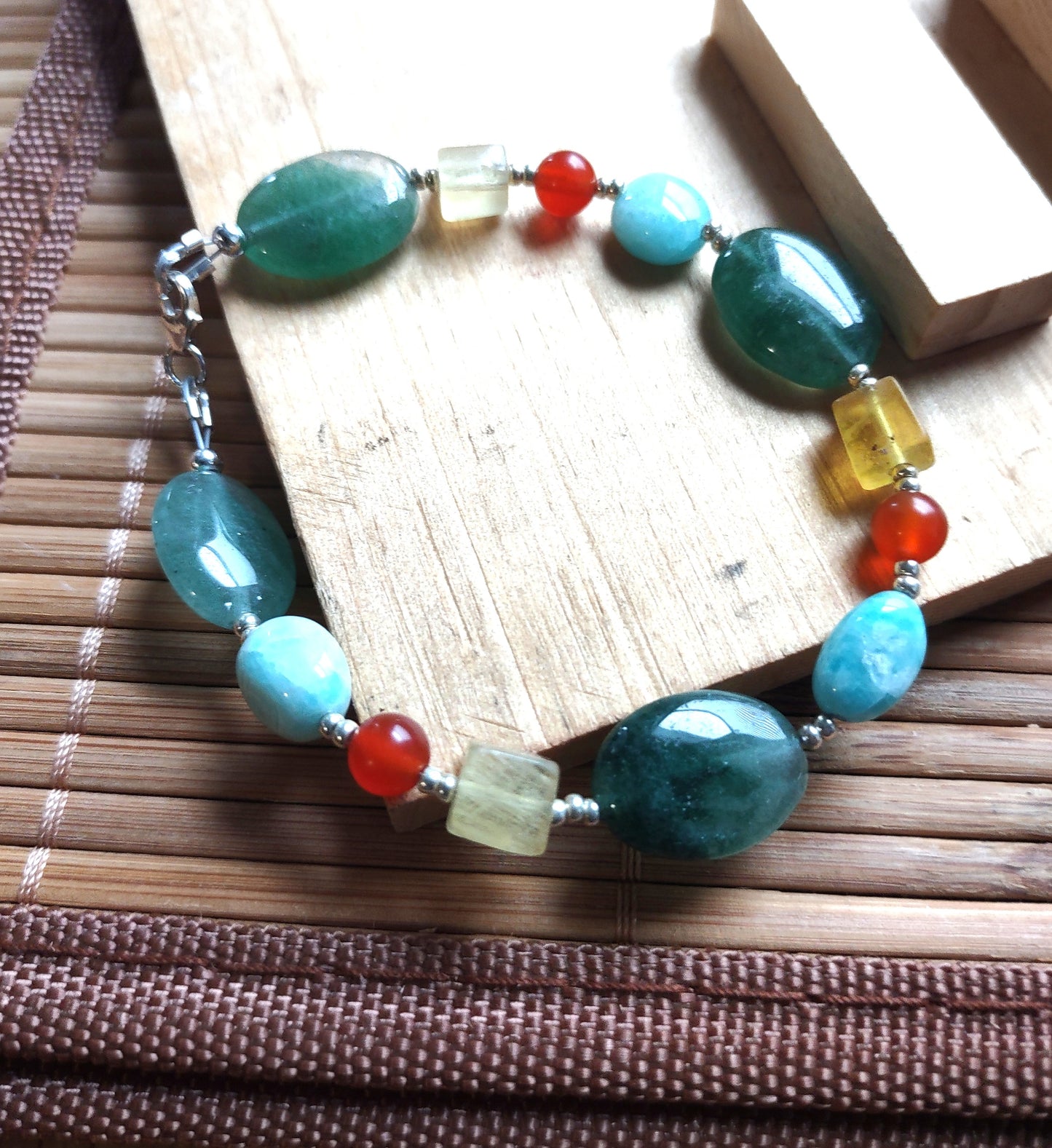Green Quartz, Yellow Fluorite, Carnelian & Amazonite Bracelet