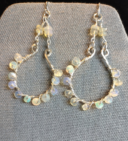 Opal Wire Wrapped Hoop Earrings
