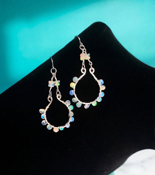 Opal Wire Wrapped Hoop Earrings