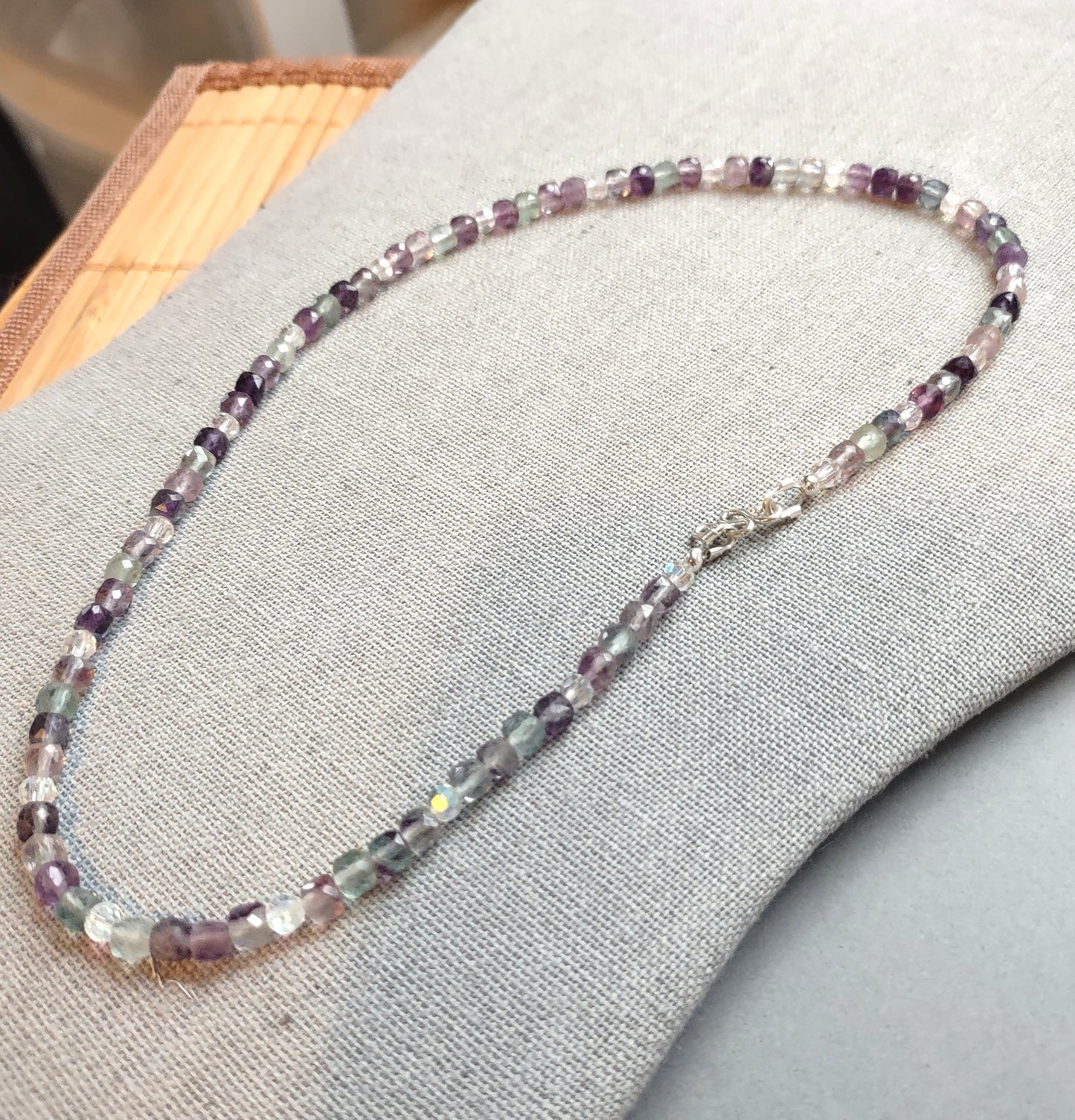 Collarbone Necklace - Rainbow Fluorite Cubed Beads
