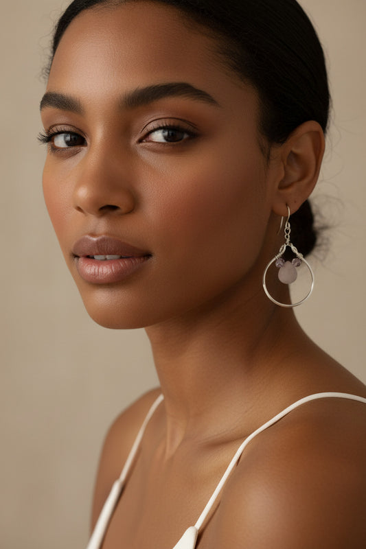 Sterling Silver Hoop Earrings with Rose Quartz Briolette and pink crystal stones.