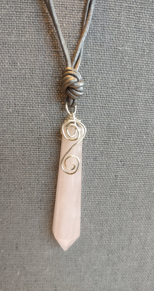 Rose Quartz Faceted Focal Bead Pendant - Leather Cord & Sterling Silver