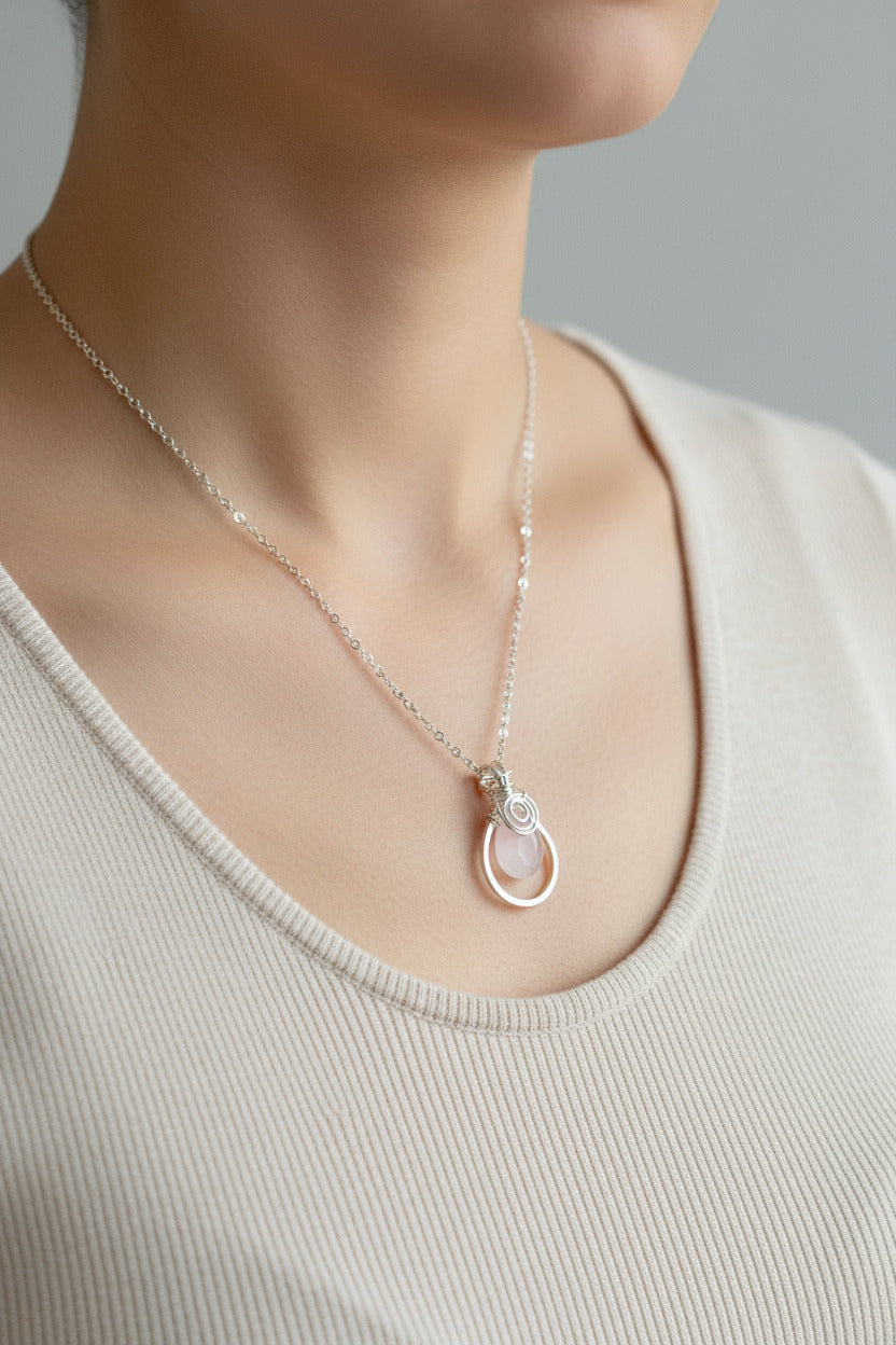 Rose Quartz briolette sterling silver pendant - sterling silver chain