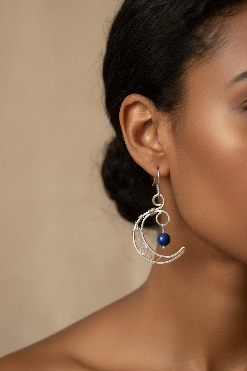 Lapis Lazuli Crescent Dangle Earrings - Sterling Silver