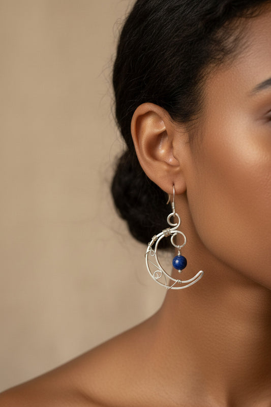 Lapis Lazuli Crescent Dangle Earrings - Sterling Silver