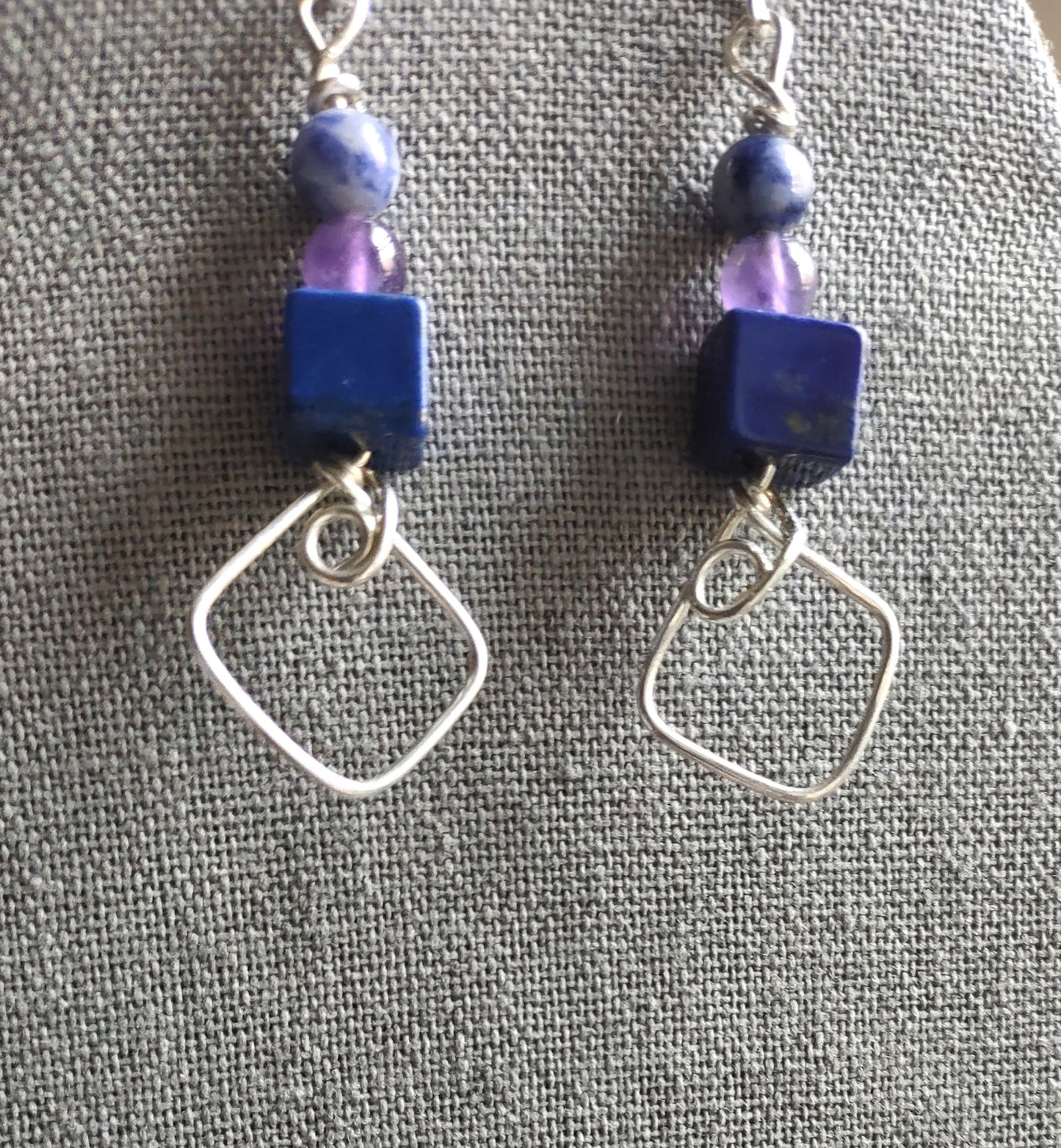 Handmade Sterling Silver Sodalite,Amethyst, & Lapis Dangle Earrings