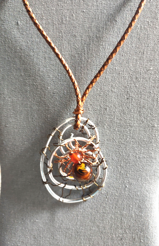 Copper Wire Spider Pendant with Carnelian & Lampwork Bead