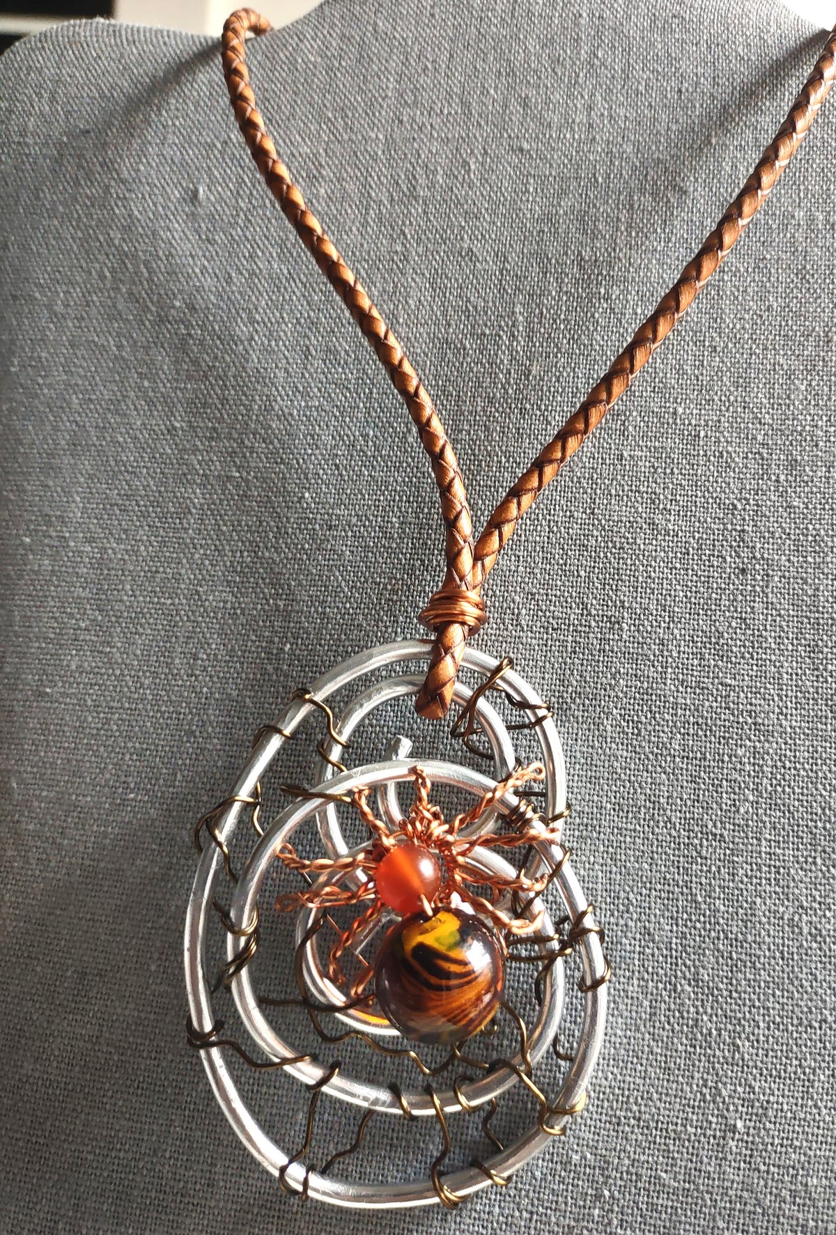 Copper Wire Spider Pendant with Carnelian & Lampwork Bead