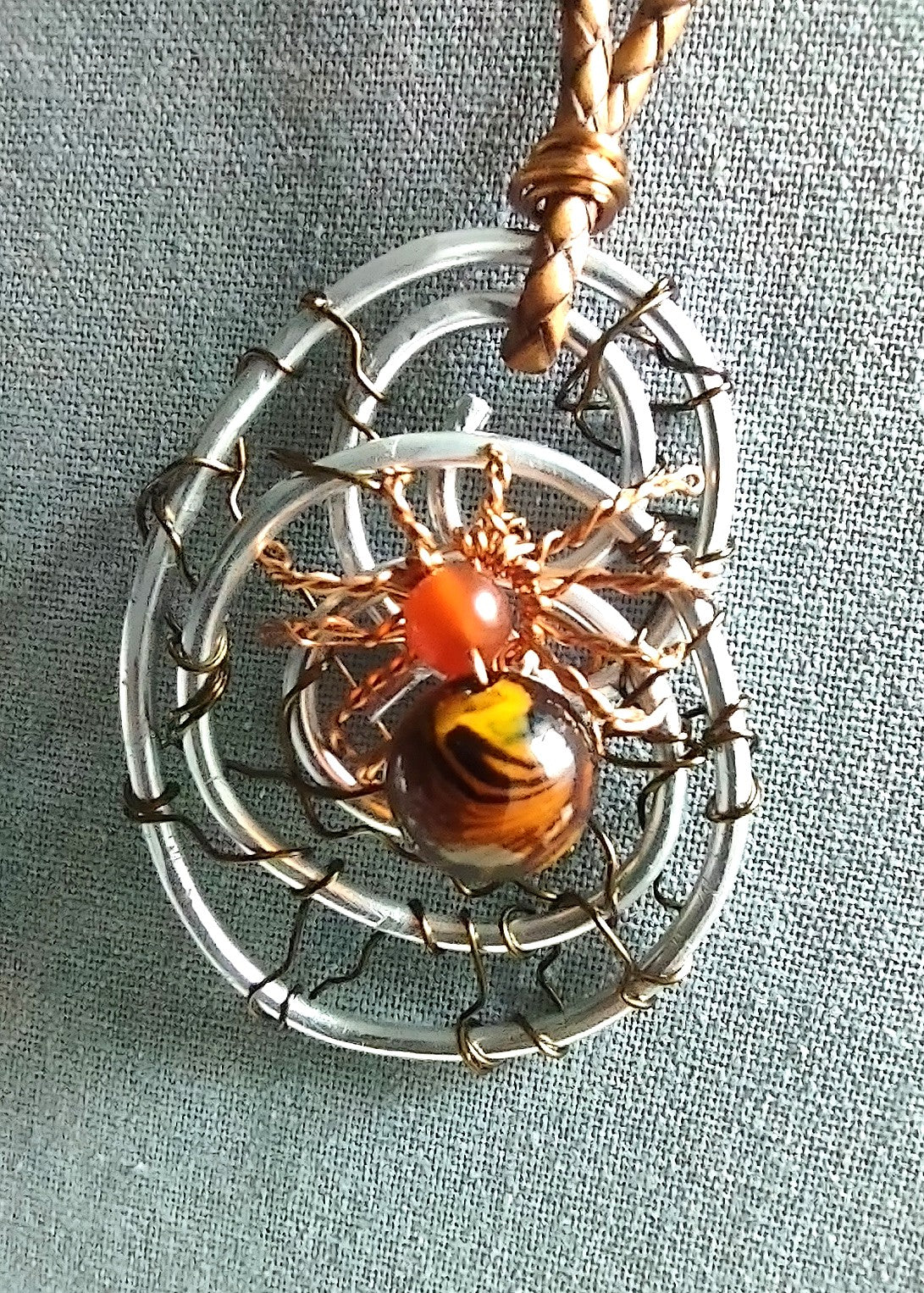 Copper Wire Spider Pendant with Carnelian & Lampwork Bead