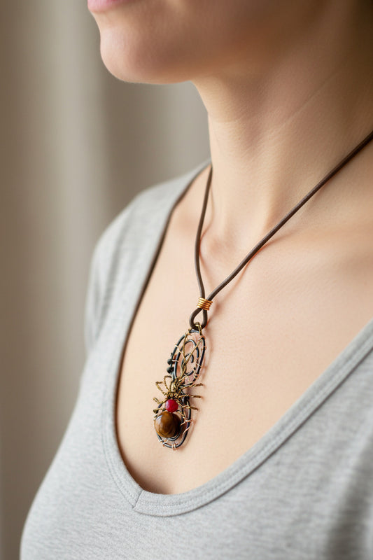 A Spider Pendant, made using copper and aluminum wire, strung on a textured leather cord.