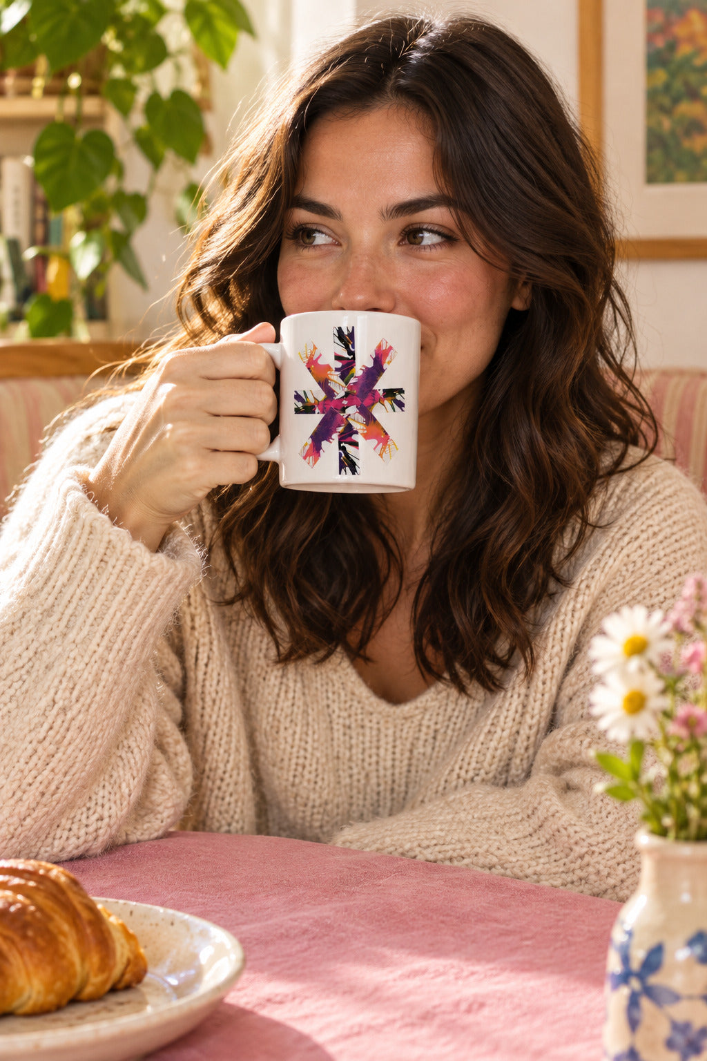 Colorful spin art on a white mug