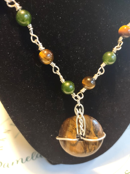 Tiger Eye & Jade Sterling Silver Chain Link Necklace - 20"