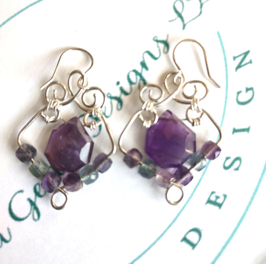 Amethyst & Fluorite Sterling Silver Filigree Briolette Earrings