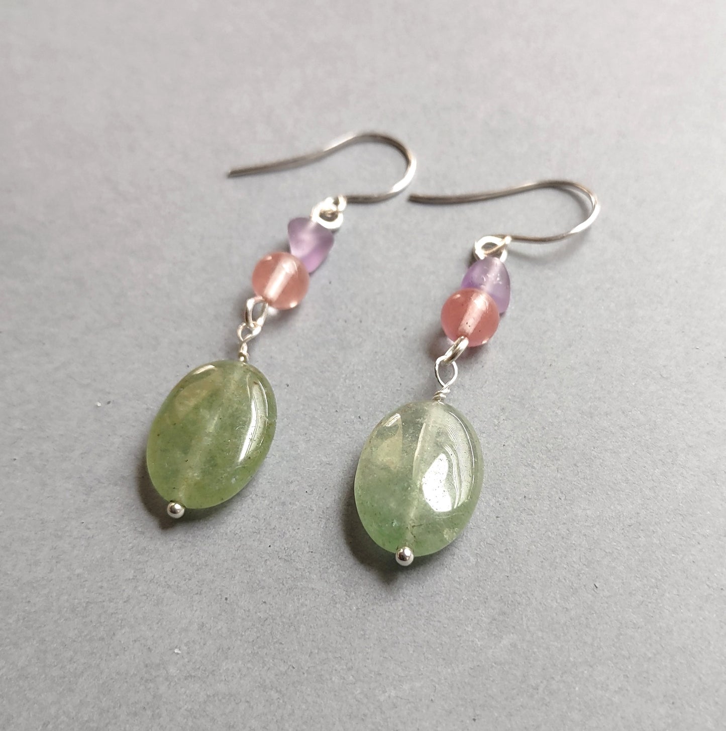 Green Quartz, Pink Strawberry Quartz & Lavender Amethyst Silver Dangle Earrings