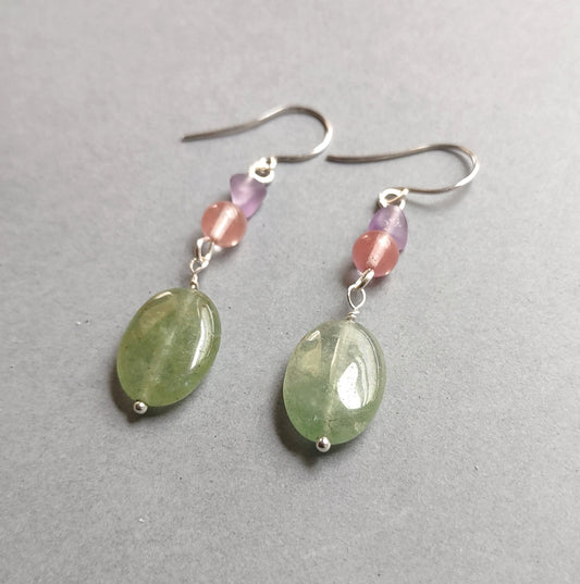 Green Quartz, Pink Strawberry Quartz & Lavender Amethyst Silver Dangle Earrings