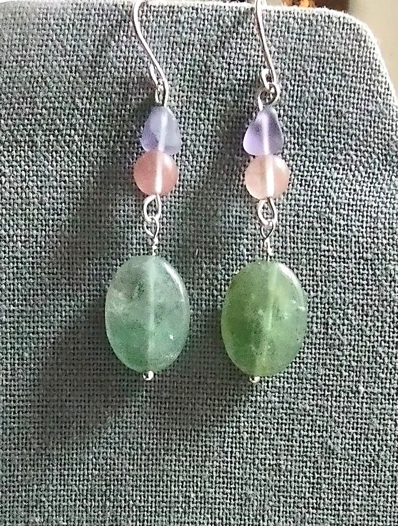 Green Quartz, Pink Strawberry Quartz & Lavender Amethyst Silver Dangle Earrings