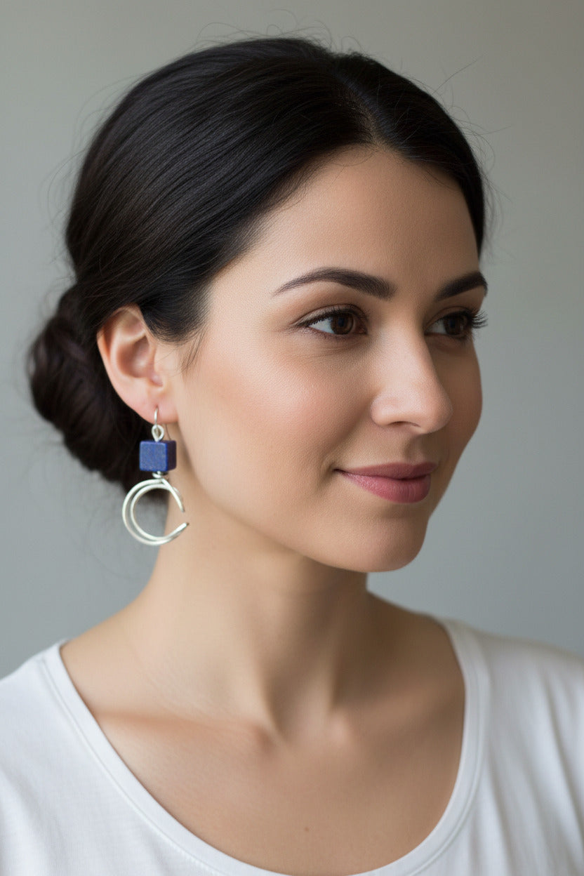 Sterling crescent moon earring with lapis lazuli square bead