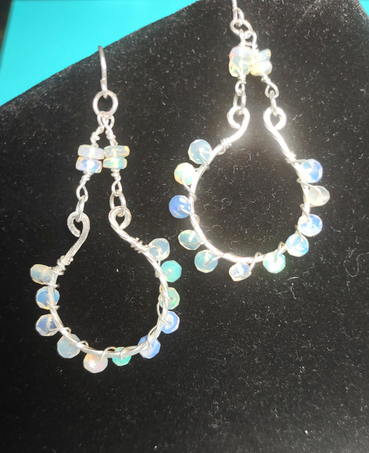 Opal Wire Wrapped Hoop Earrings