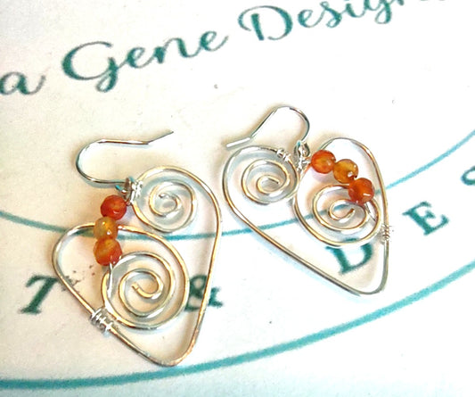 Carnelian Bead Sterling Silver Heart Earrings