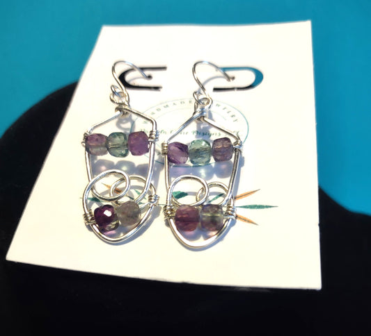 Rainbow Fluorite Cubed Bead Sterling Silver Earrings