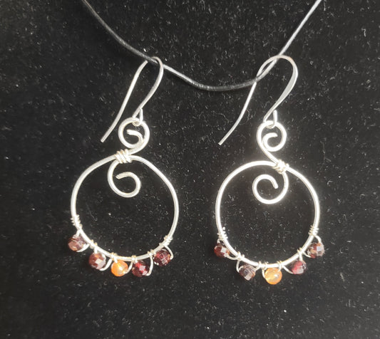 Sterling Silver Hoop Earrings - Handmade Garnet & Carnelian