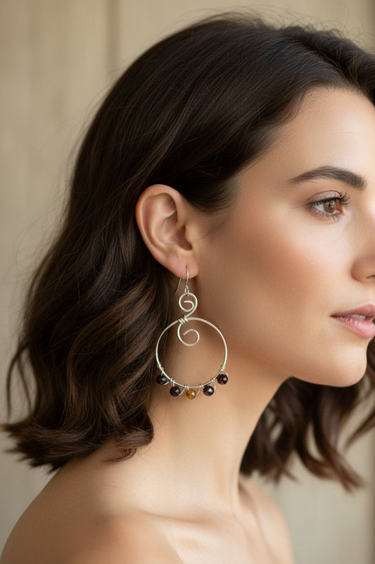 Silver hoop earrings wire wrapped with garnet & carnelian beads