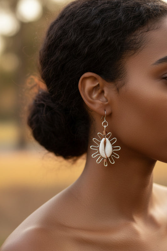 Pair of sterling silver sun inspired earring with a cowrie shell and copper wrapping