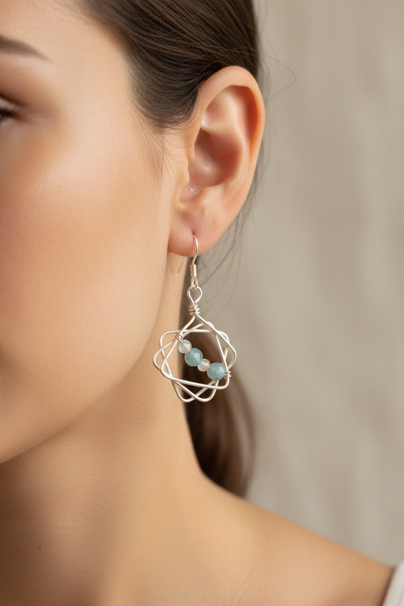 9 Point Sterling Silver Wire star earring wire wrapped with aquamarine and labradorite stones